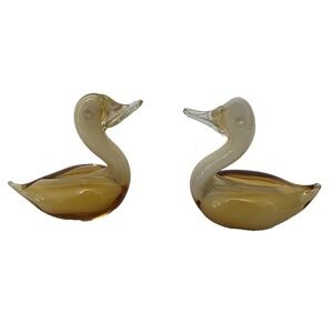Vintage Venetian Amber Glass Swans Lot Of Two Made In Italy J I Company
